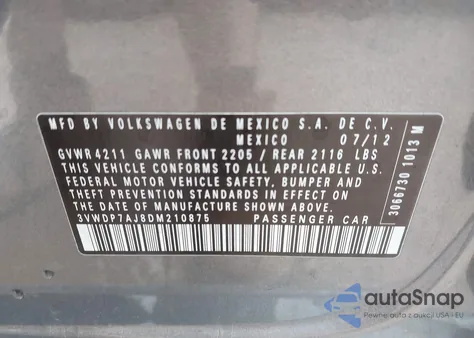 2013 Volkswagen Jetta Se z USA, uszkodzony, nr VIN 3VWDP7AJ8DM210875